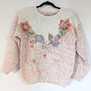 Vintage Coquette Pastel Pink Ombre Floral Applique Knit Pearl Sweater Feminine
